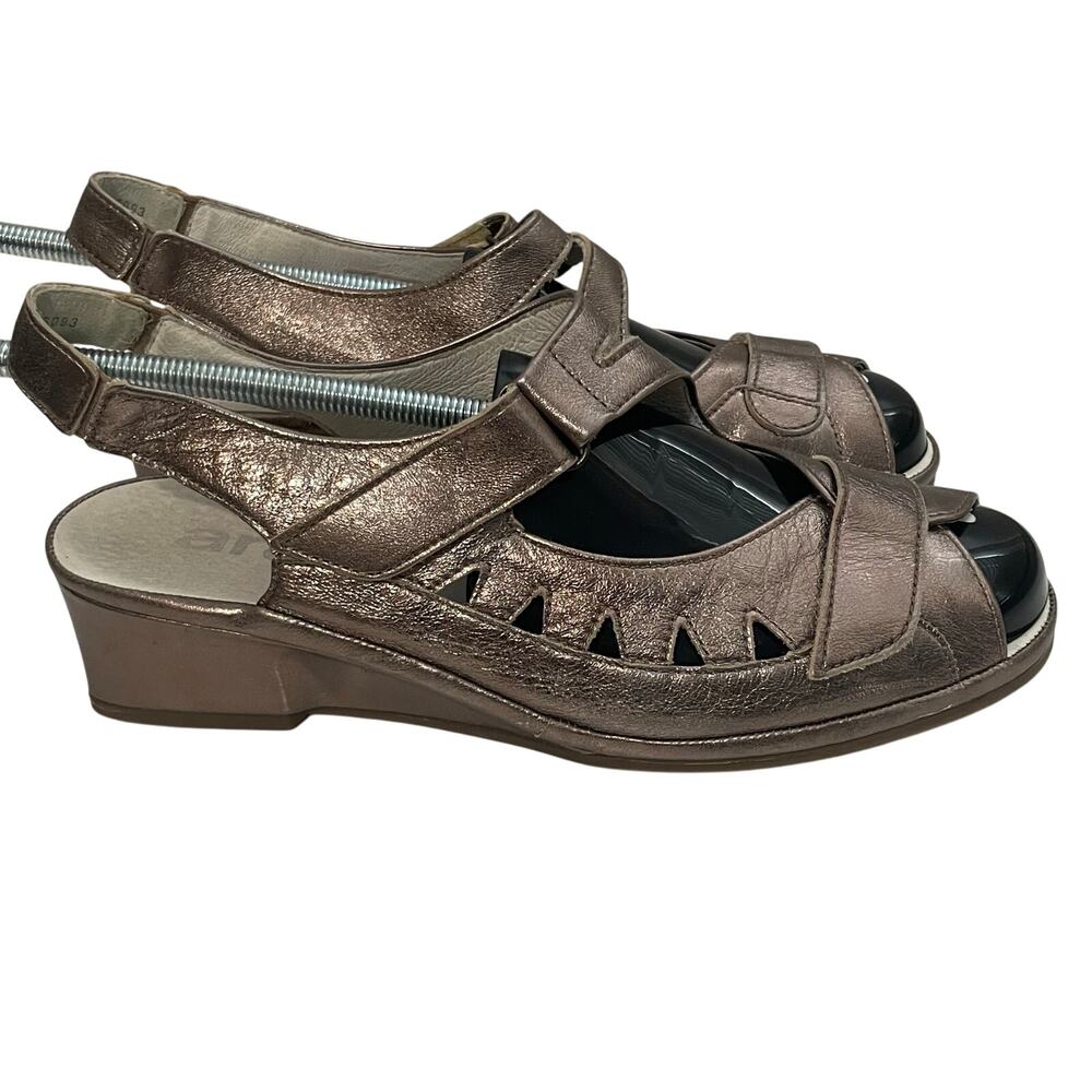 ara Comfort Wedge Sandal Metallic Bronze Pewter Cutout Leather Women's 8.5